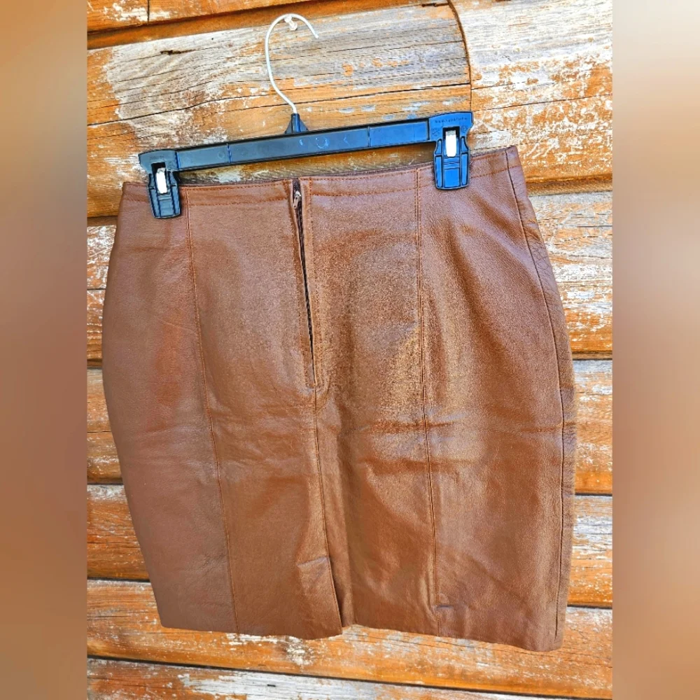 Vintage Savannah Western Fall Genuine Leather Brown Midi Skirt Zip Up Back - Picture 8 of 9